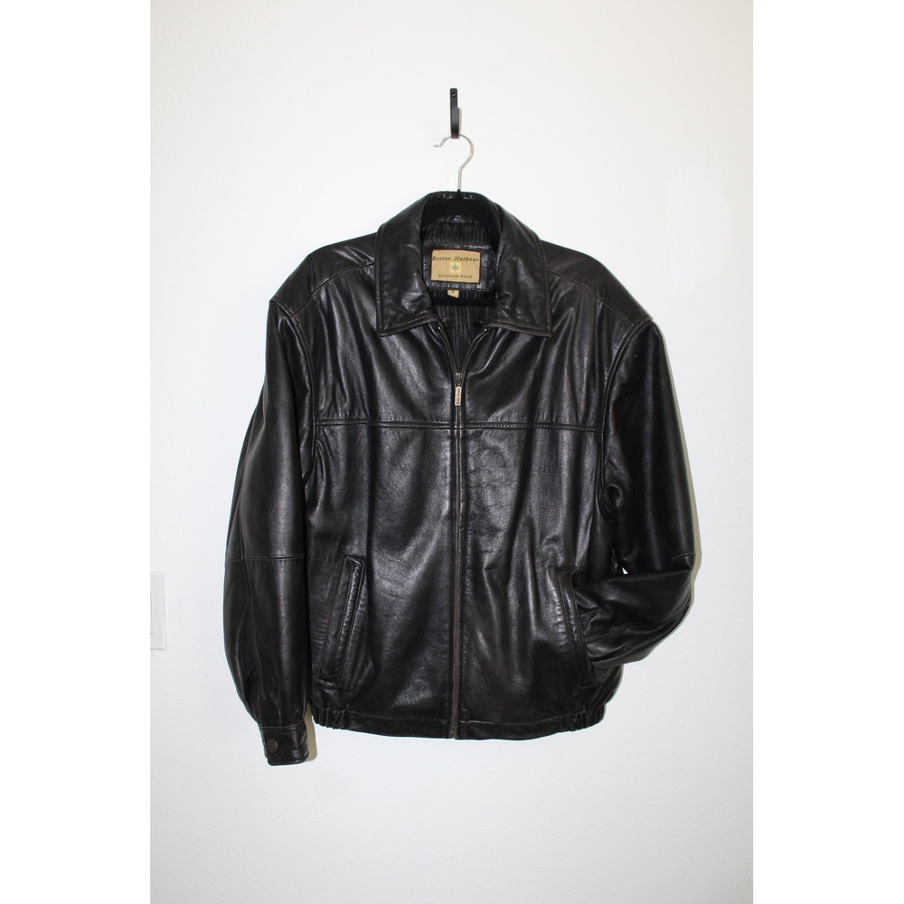 VTG Boston Harbour Mens Black Genuine Leather Bomber Jacket Zip Up Medium Butter